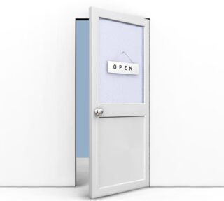 Royalty-free 3d render office clipart picture of an open office door with an open sign hanging on the window.